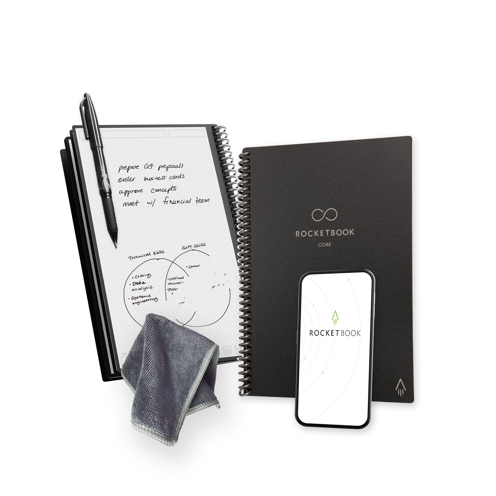 Rocketbook Core Smart Spiral Notebook, Dot-Grid and Lined Pages, 36 Pages, 6"x8.8", Black