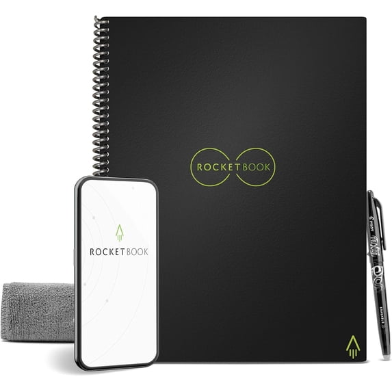 Rocketbook Everlast Digital Reusable Notebook - Black - Letter Size Eco-friendly Notebook (8.5" x 11") - 32 Dot-Grid Pages - Includes 1 Pen and Microfiber Cloth
