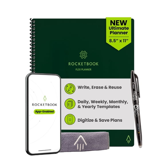 Rocketbook Flex Reusable Planner Notebook, Letter 8.5" x 11", Green, Cloud Connected Erasable Productivity Notebook
