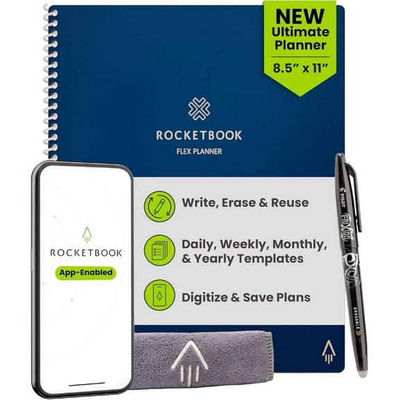 Rocketbook Reusable Flex Planner - Daily, Weekly, Monthly, Annual Letter Size Navy Blue