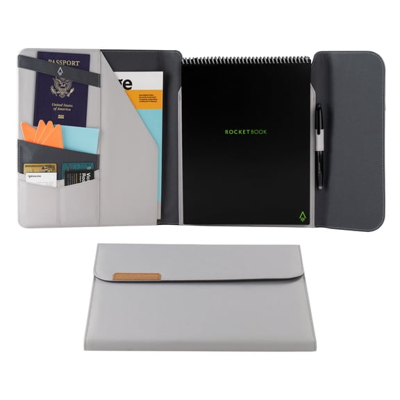 Rocketbook Flip Capsule Folio Cover, Letter Size 8.5" x 11", Gray, Protective Notebook Cover with Pen Dock, Inside Pocket & Card Slots