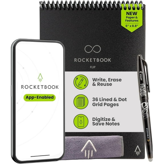 Rocketbook Smart Reusable Flip Notebook - Top bound Executive Size, Black
