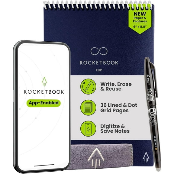 Rocketbook Smart Reusable Flip Notebook - Top bound Executive Size, Navy Blue