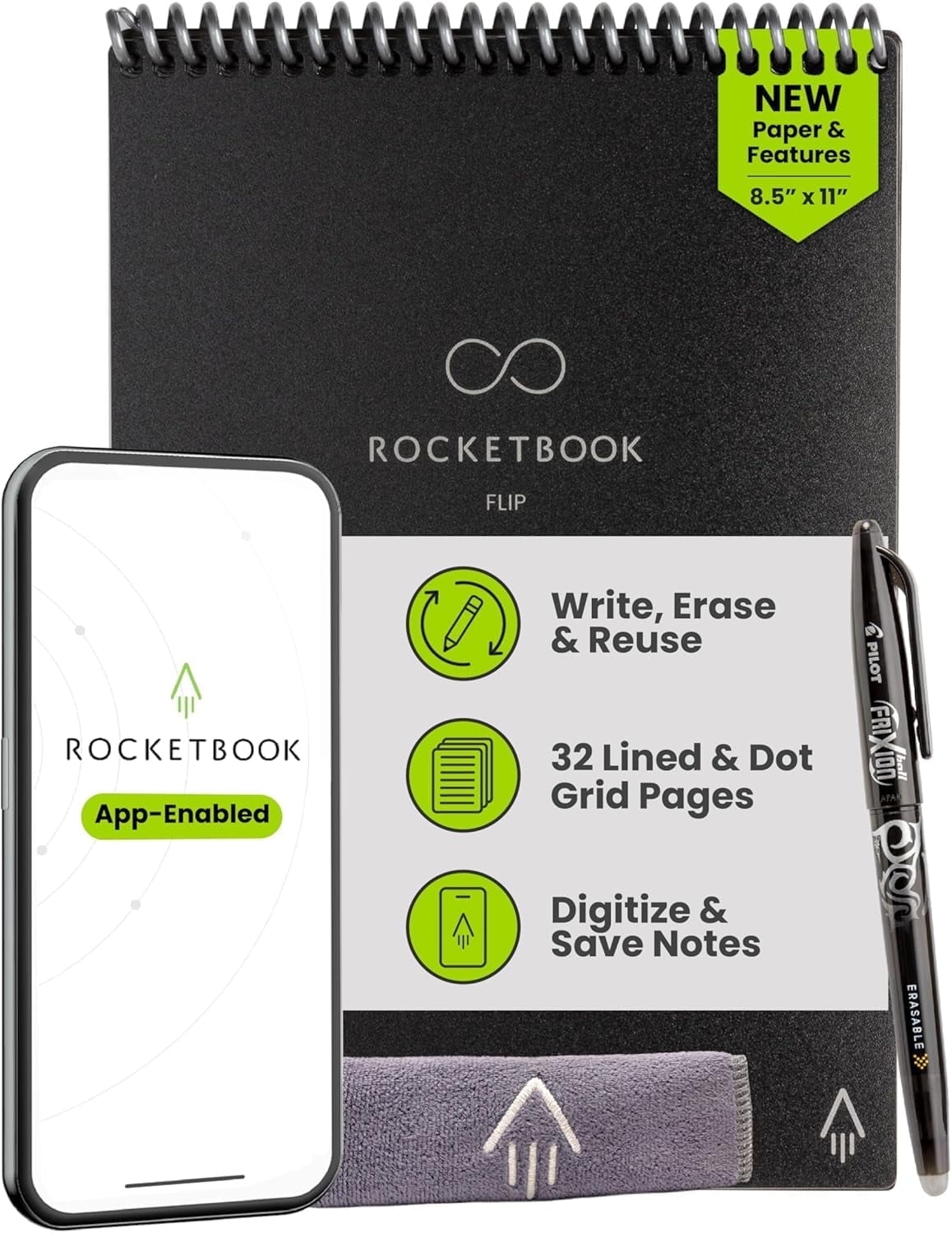 Rocketbook Smart Reusable Flip Notebook - Top bound Letter Size, Black