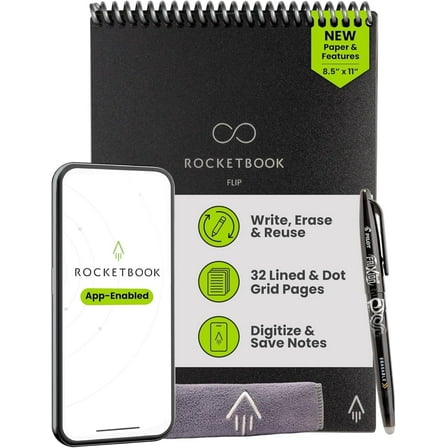 Rocketbook Smart Reusable Flip Notebook - Top bound Letter Size, Black