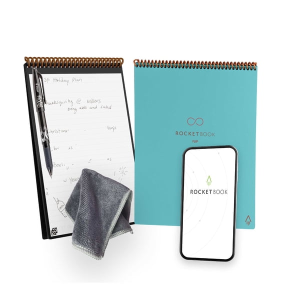 Rocketbook Flip Reusable Smart Notebook, Executive 6" x 8.8", Teal, Cloud Connected Top-Bound Erasable Spiral Notebook