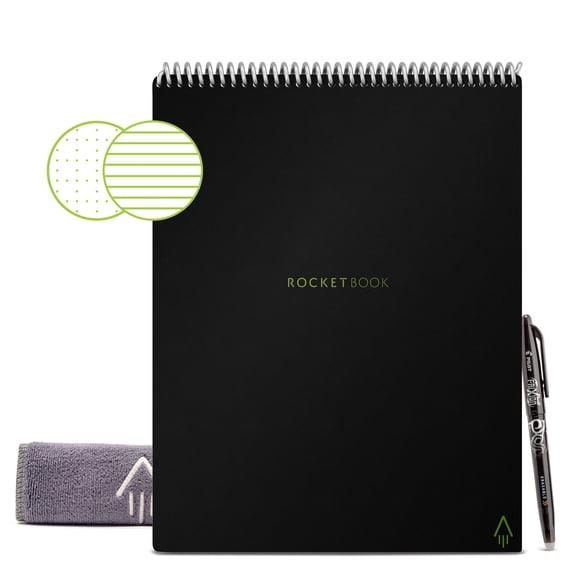 Rocketbook Flip Smart Reusable Spiral Notepad, Black, Letter Size Eco-Friendly Notepad (8.5" x 11"), 32 Dot-Grid and Lined Pages, 1 Pen and Microfiber Cloth Included