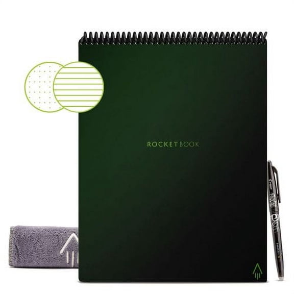 Rocketbook Flip Reusable Smart Notepad, Letter 8.5" x 11", 32 Pages, Dot Grid/Lined Combo Pages, Green, App-Connected Top-Bound Notebook with Pen & Cloth