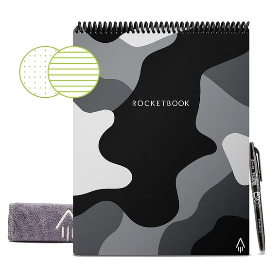 Rocketbook Flip Smart Reusable and Sustainable Spiral Notepad - Camo - Letter Size Eco-Friendly Notepad (8.5" x 11") - 32 Dot-Grid and Lined Pages - 1 Pen and Microfiber Cloth Included