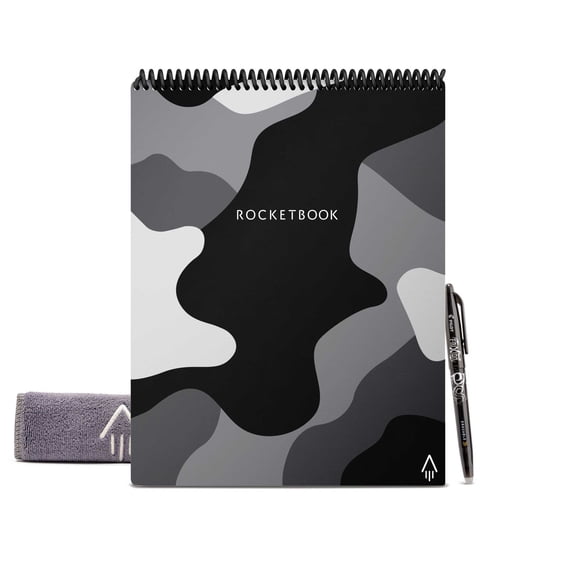 Rocketbook Flip Smart Reusable and Sustainable Spiral Notepad - Camo - Letter Size Eco-Friendly Notepad (8.5" x 11") - 32 Dot-Grid and Lined Pages - 1 Pen and Microfiber Cloth Included