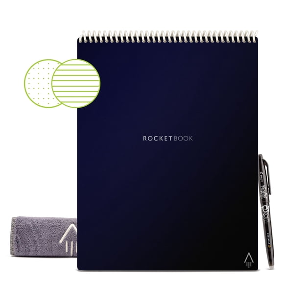 Rocketbook Flip Reusable Smart Notepad, Letter 8.5" x 11", 32 Pages, Dot Grid/Lined Combo Pages, Navy, App-Connected Top-Bound Notebook with Pen & Cloth