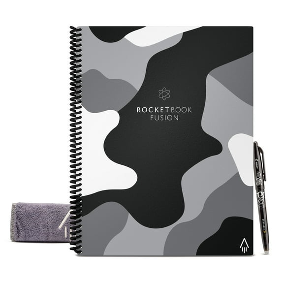 "Rocketbook Fusion Smart Reusable and Sustainable Smart Spiral Notebook - Camo - Letter Size Eco-Friendly Notebook (8.5"" x 11"") Includes 1 Pen and Microfiber Cloth"