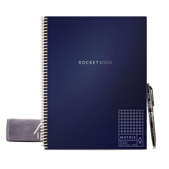 "Rocketbook Matrix Smart Reusable and Sustainable Smart Spiral Notebook - Blue - Letter Size Eco-Friendly Notebook (8.5"" x 11"") - 32 Graphed & Lined Pages - Includes 1 Pen and Microfiber Cloth"