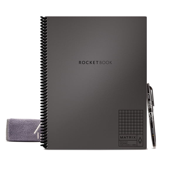 "Rocketbook Matrix Smart Reusable and Sustainable Smart Spiral Notebook - Gray - Letter Size Eco-Friendly Notebook (8.5"" x 11"") - 32 Graphed & Lined Pages - Includes 1 Pen and Microfiber Cloth"