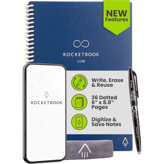 Rocketbook Smart Reusable Core Notebook - Dotted, Executive Size, Navy Blue