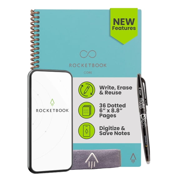 Rocketbook Core Reusable Smart Notebook, Executive 6" x 8.8", Teal, Dot Grid Pages, Cloud Connected Erasable Spiral Notebook