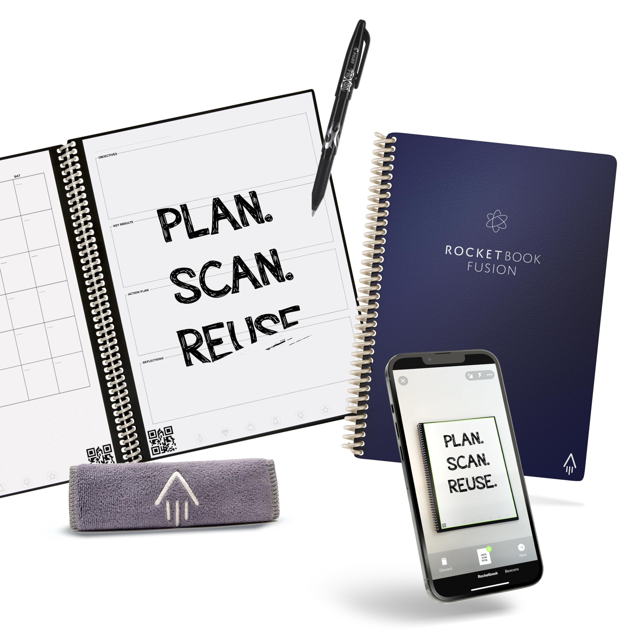 Rocketbook Planner & Notebook, Fusion : Reusable Smart Planner & Notebook | Improve Productivity with Digitally Connected Notebook Planner | Dotted, 6" x 8.8", 42 Pg, Midnight Blue