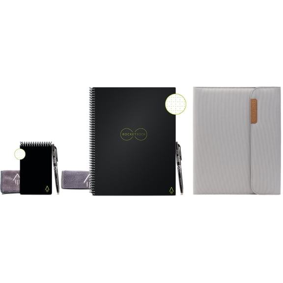 Rocketbook Smart Notebooks Ultimate Bundle - 1 Core Black Notebook (8.5" x 11") Dot Grid, 1 Mini Black Notepad (3.5" x 5.5") Dot Grid, 1 Core Capsule Gray Folio Cover (10.75 x 11.75)