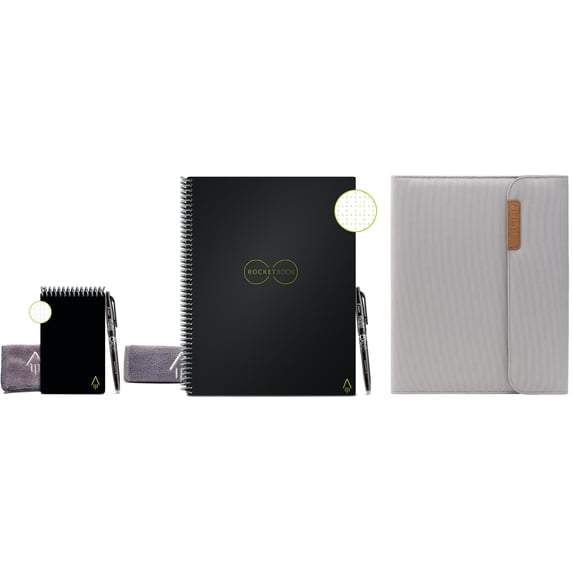 Rocketbook Smart Notebooks Ultimate Bundle - 1 Core Black Notebook (8.5" x 11") Dot Grid, 1 Mini Black Notepad (3.5" x 5.5") Dot Grid, 1 Core Capsule Gray Folio Cover (10.75 x 11.75)