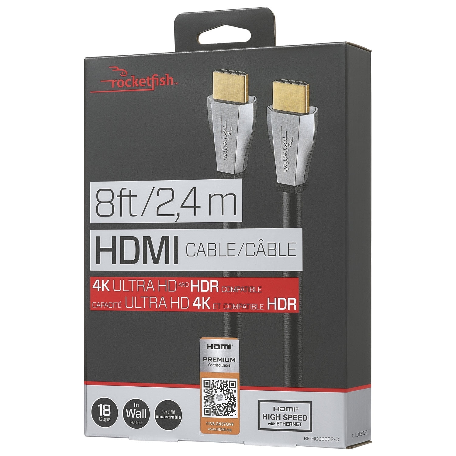 Rocketfish 1.2m (4ft.) 4K Ultra HD HDMI Cable - 4K and HDR Compatible, 18 Gbps HDMI Premium Certifed Cable, 24K gold-plated contacts, EMI and RFI Resistance