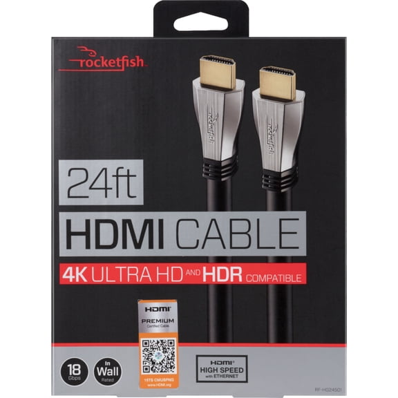 Rocketfish 7.3m (24ft.) 4K Ultra HD HDMI Cable - 4K and HDR Compatible, 18 Gbps HDMI Premium Certifed Cable, 24K gold-plated contacts, EMI and RFI Resistance
