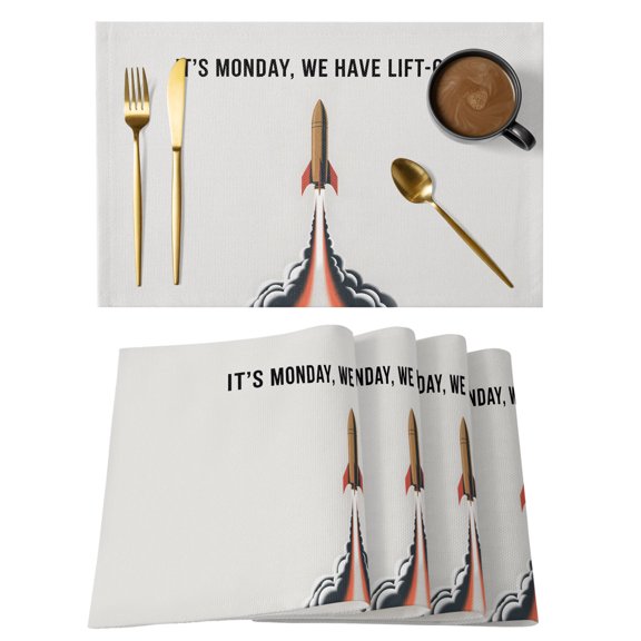 Rockets Launch Cotton Linen Placemats Set of 4, Letters IT'S MONDAY WE HAVE LIFT-OFF Grey Washable Table Place Mats Heat Insulating Placemat for Dining Room Kitchen Daily Use 13 x 19 Inch