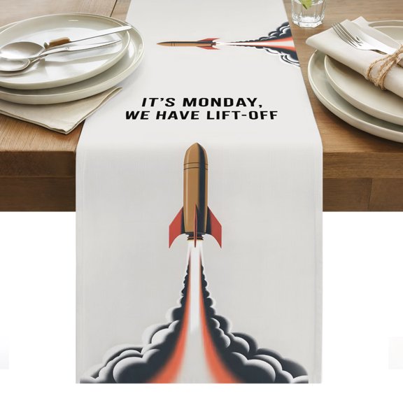 Rockets Launch Cotton Linen Table Runner Letters IT'S MONDAY WE HAVE LIFT-OFF Grey Dining Table Runners for Home Decor Party Dining Room Restaurant Kitchen Party 13" x 48"