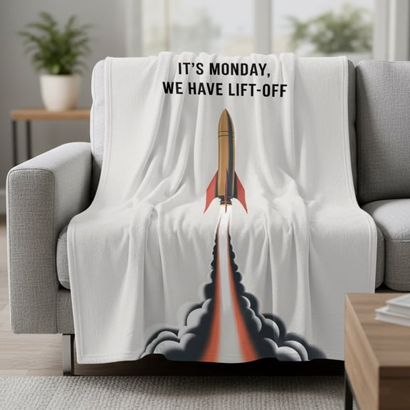 Rockets Launch Fleece Throw Blanket Letters IT'S MONDAY WE HAVE LIFT-OFF Grey Ultra Soft Fuzzy Cozy Flannel Throw Blanket for Couch Sofa Bed Car Travel, Ideal Gifts 30x40 Inches