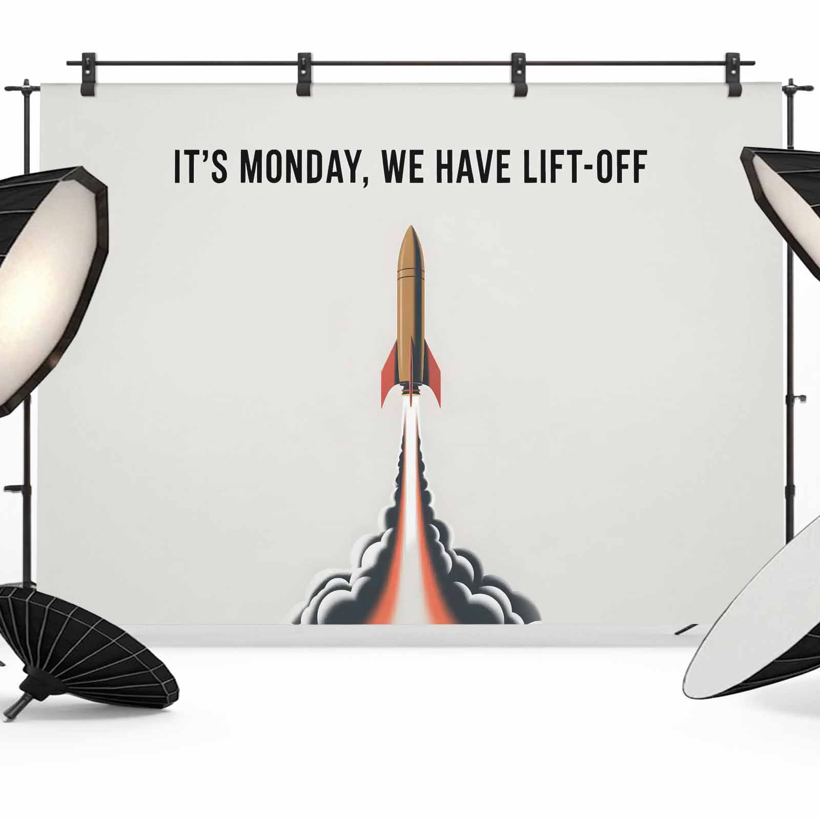 Rockets Launch Photography Backdrop 7x5FT, Letters IT'S MONDAY WE HAVE LIFT-OFF Grey Photo Backdrops, Background for Photography Studio Photo Studio Background, Back Drop for Photoshoot