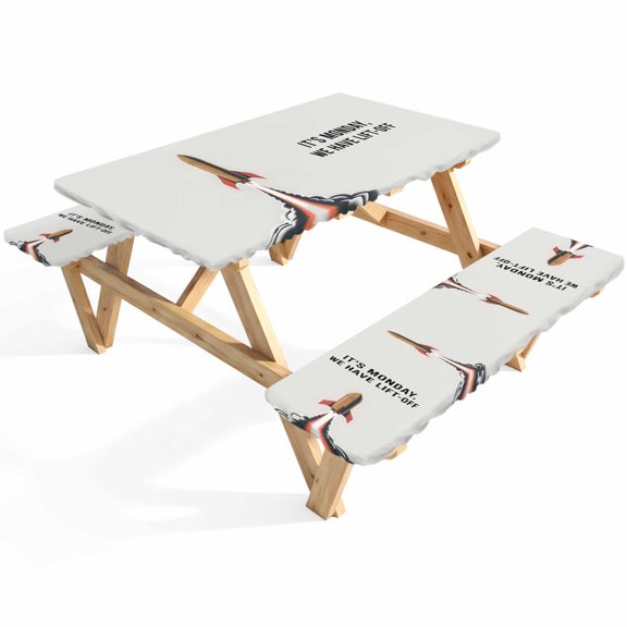 Rockets Launch Picnic Table Cover with Bench Covers Letters IT'S MONDAY WE HAVE LIFT-OFF Grey Waterproof Fitted Picnic Tablecloth 3 Pieces Set Table Cloth for Outdoor Camping Garden BBQ