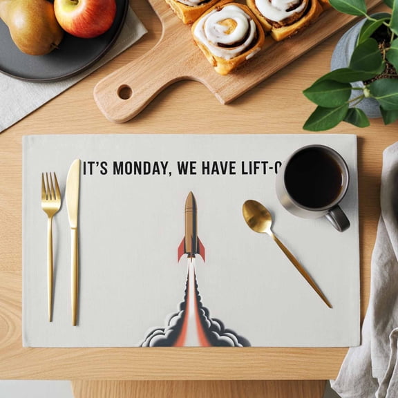 Rockets Launch Placemats Set of 1, Letters IT'S MONDAY WE HAVE LIFT-OFF Grey Heat Insulated Linen Place Mats, Washable Stain-Proof Table Mats for Dining Tables Holiday Decor 13x19 Inches