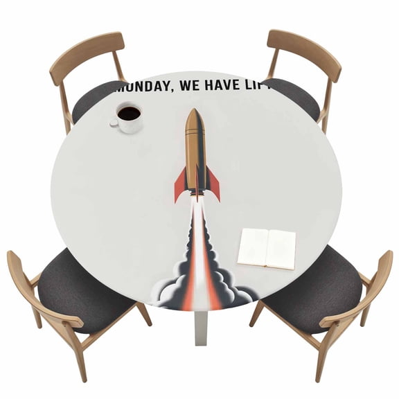 Rockets Launch Round Fitted Tablecloth with Elastic Edge Letters IT'S MONDAY WE HAVE LIFT-OFF Grey Table Cover Fit for 55"-60" Tables Waterproof Tablecloths for Dinner Camping Picnic
