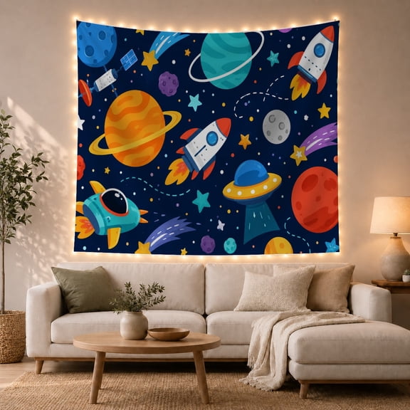 Rockets, Planets and UFOs on a Deep Navy Starry Background, Whimsical Illustration for Kids, Celestial Wall Art Decor, Birthday Gift Tapestry Wall Hanging for Bedroom and Playroom