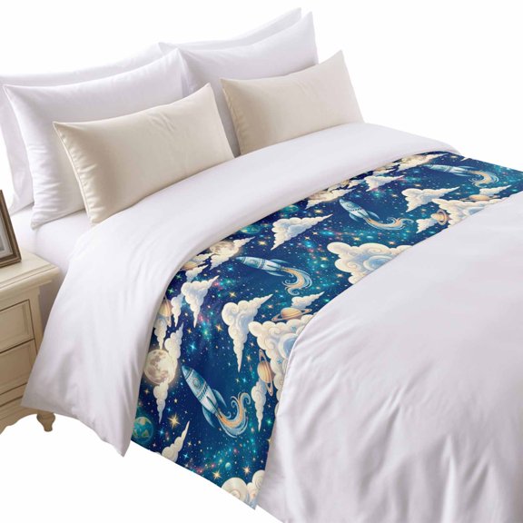 Rockets Universe Bed Runner for Twin Size Bed, Stars Moon Earth Planets Cloud Dream Sky Soft Bedding Scarf Bedding Protector Slipcover Sofa Throw for Bedroom Hotel Guesthouse