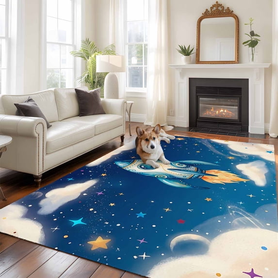 Rockets Universe Large Area Rugs 8x10 ft Color Star Dreamy Sky Cloud Planets Washable Rug Non Slip Indoor Carpet Absorbent Floor Mat for Living Room Bedroom Dining Room