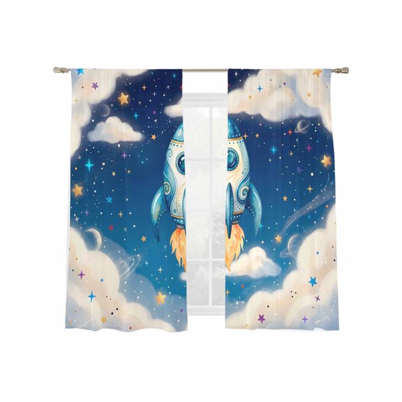 Rockets Universe Sheer Curtains 2 Panels Set Color Star Dreamy Sky Cloud Planets Sheer Window Curtains Light Filtering Rod Pocket Voile Drapes for Bedroom Living Room 52"x63"
