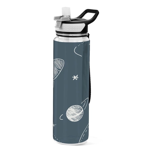 Rockets and Planets Pattern 1000ml Tritan Sport Bottle Straw LeakProof Food-Grade Portable Wide Handle