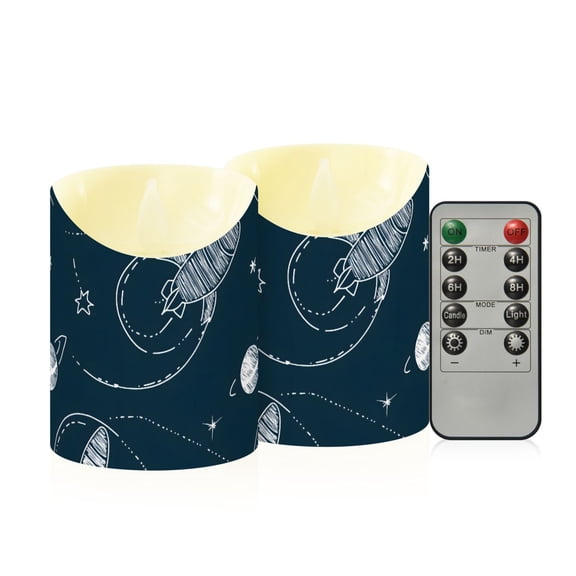 Rockets and Planets Pattern Flameless Candles 2 PCS with Remote Realistic Moving Flame LED Tapered Pillar Set for Home Decor