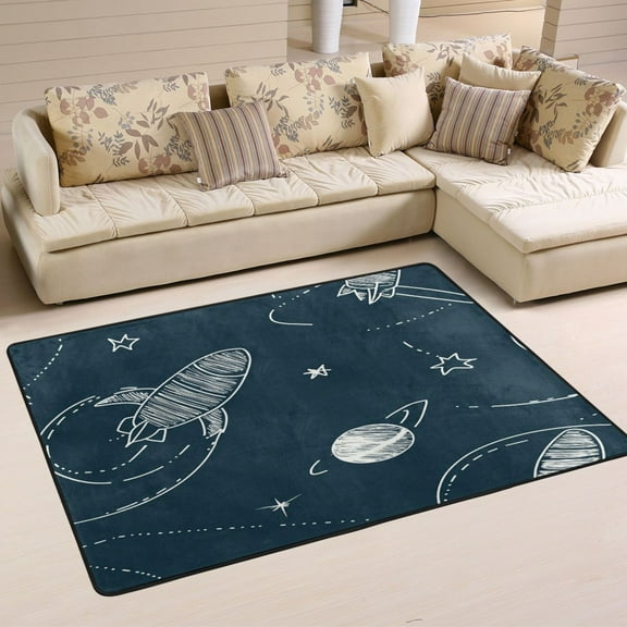 Rockets and Planets Pattern Soft Polyester Area Rug 72''x48'', Non Slip, Memory Foam, Water Absorbent