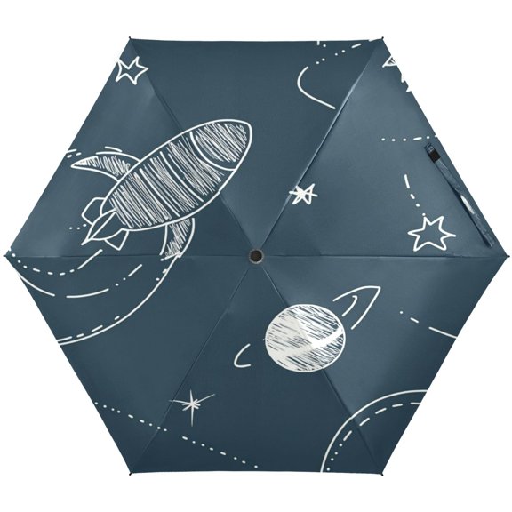 Rockets and Planets Pattern Umbrellas for Sun Auto Open Close UV50+ Waterproof 5-Fold Compact Fiberglass Frame