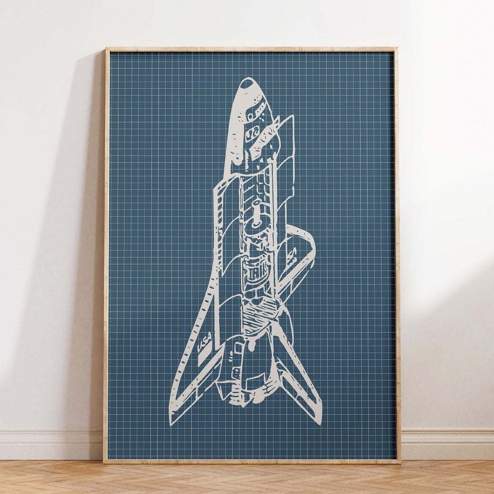 Rocketship Blueprint Poster Vintage Outer Space Wall Art Blue Rocket ...