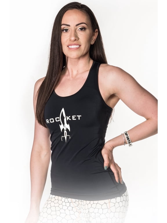 - Women's Performance Tank Top - Active Racerback and Trendy Tank Tops with White Rocket Logo - Black - X-Large