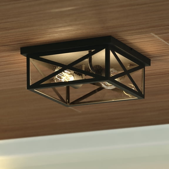 Rockford 2-Light Textured Black Outdoor Flush Mount Ceiling Light Traditional Square Porch Light with Clear Seeded Glass