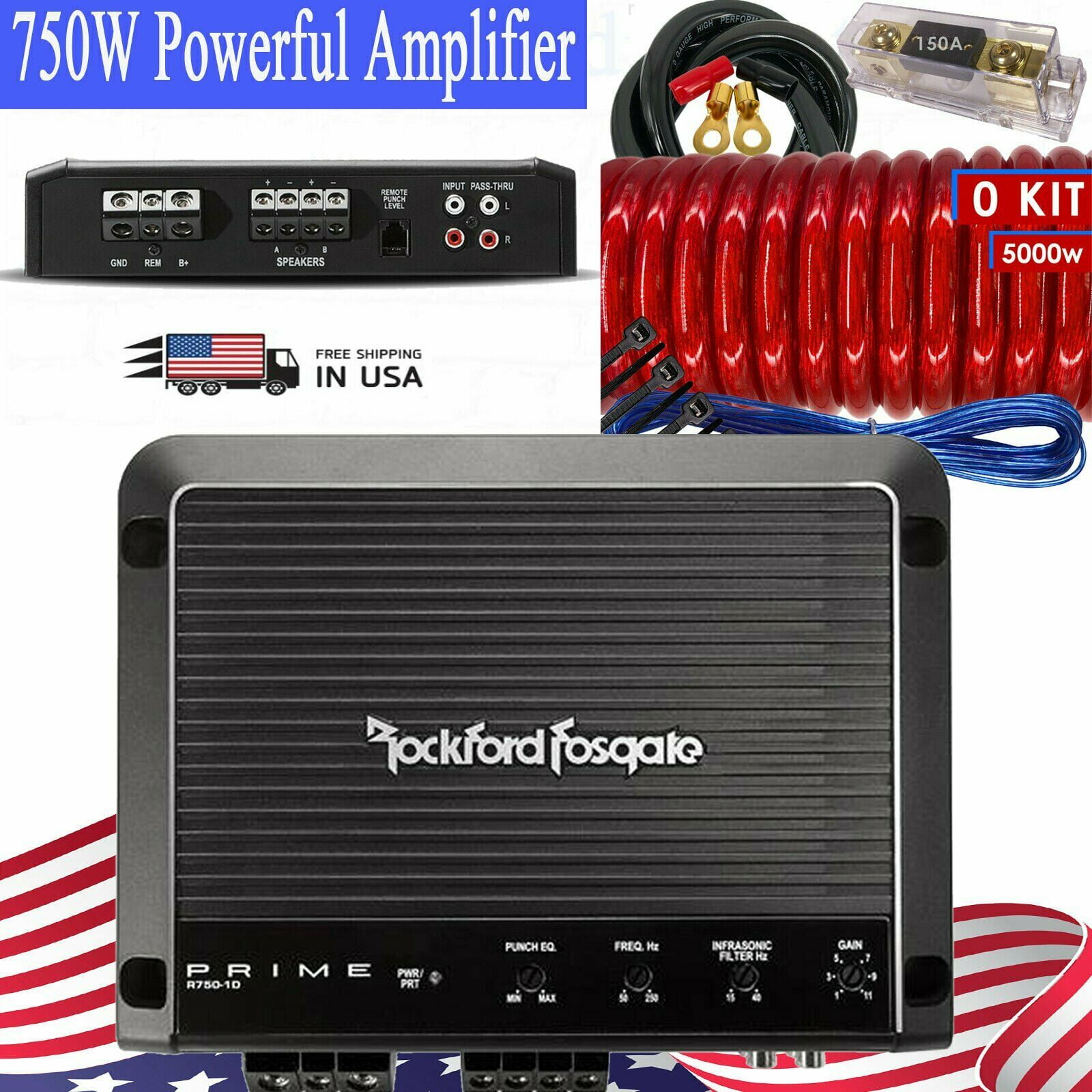 Rockford Fosgate Prime R7501D 750 Watts Monoblock Amplifier + 0 Gauge
