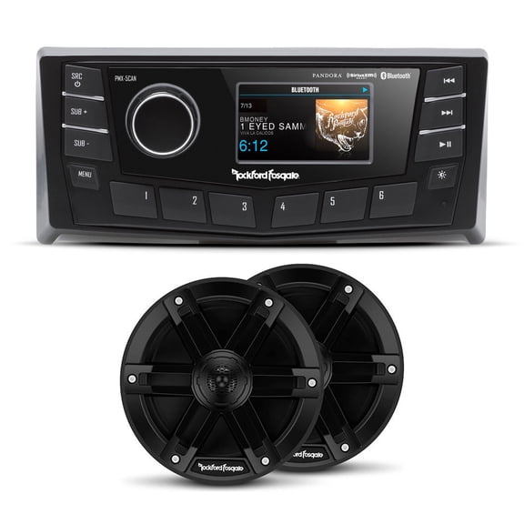 Rockford PMX-5CAN 2.7 Marine Wet Bonded Ipx6 Color Media Receiver, Nmea 2000, 2 Zone Control with 2 Pairs of M0-65B 6.5 Marine 2-Way System 250 Watts Peak, Black Grilles Included