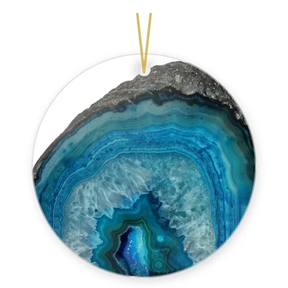 Rockhound And Crystal Collector Ornament Blue Teal Agate Geode Slice 2D FLAT CIRCLE Ceramic Ornament