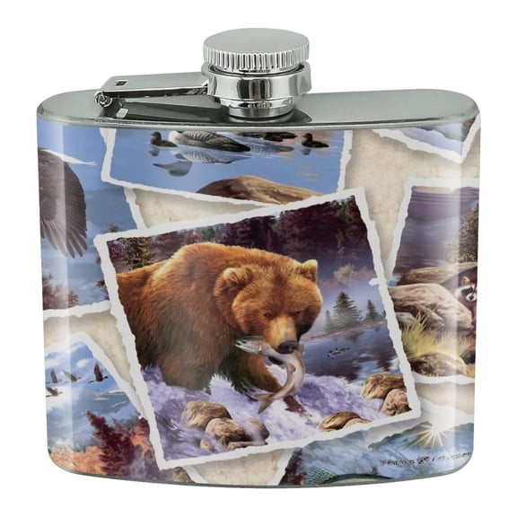 Rockies Mountain Life Fishing Bear Eagle Pattern Stainless Steel 5oz Hip Drink Kidney Flask