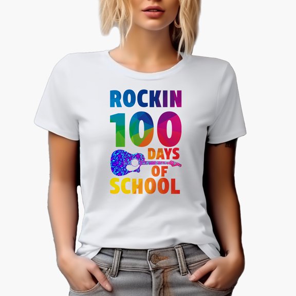Rockin 100 Days of School, Gradient Text, White T-Shirt, Small