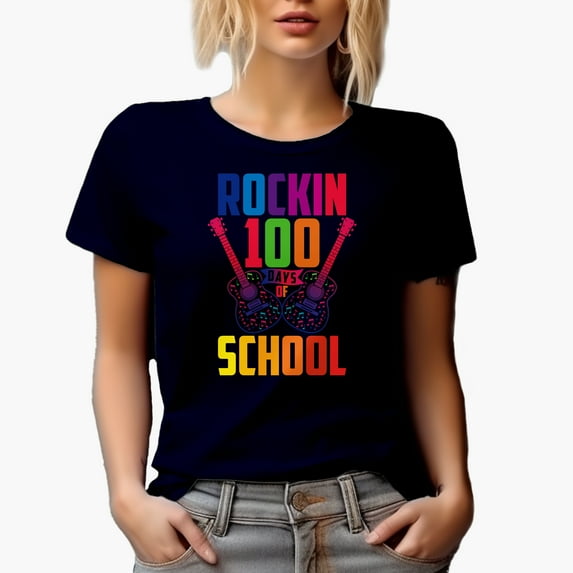 Rockin 100 Days of School with Guitars, Music Teacher, Navy Blue T-Shirt, XL