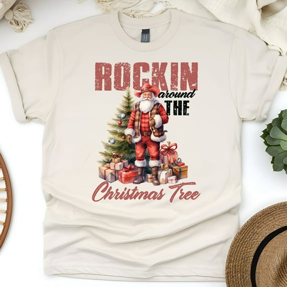 Rockin’ Around Christmas Tree Graphic T-Shirt | Santa Claus Holiday Tee for Men Women, Natural, Size 2XL